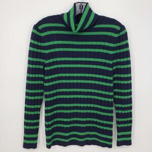 3/$25 Talbots Striped Turtleneck Sweater M Ribbed Puff Sleeve Green Navy Blue